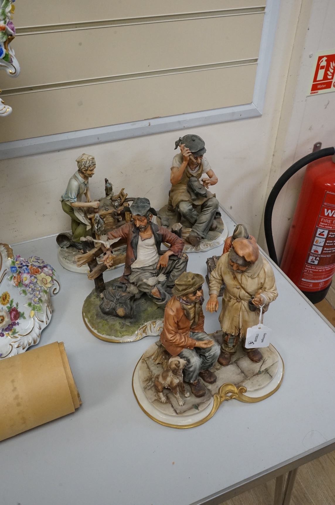 Four large capodimonte groups and a smaller group, tallest 27cm